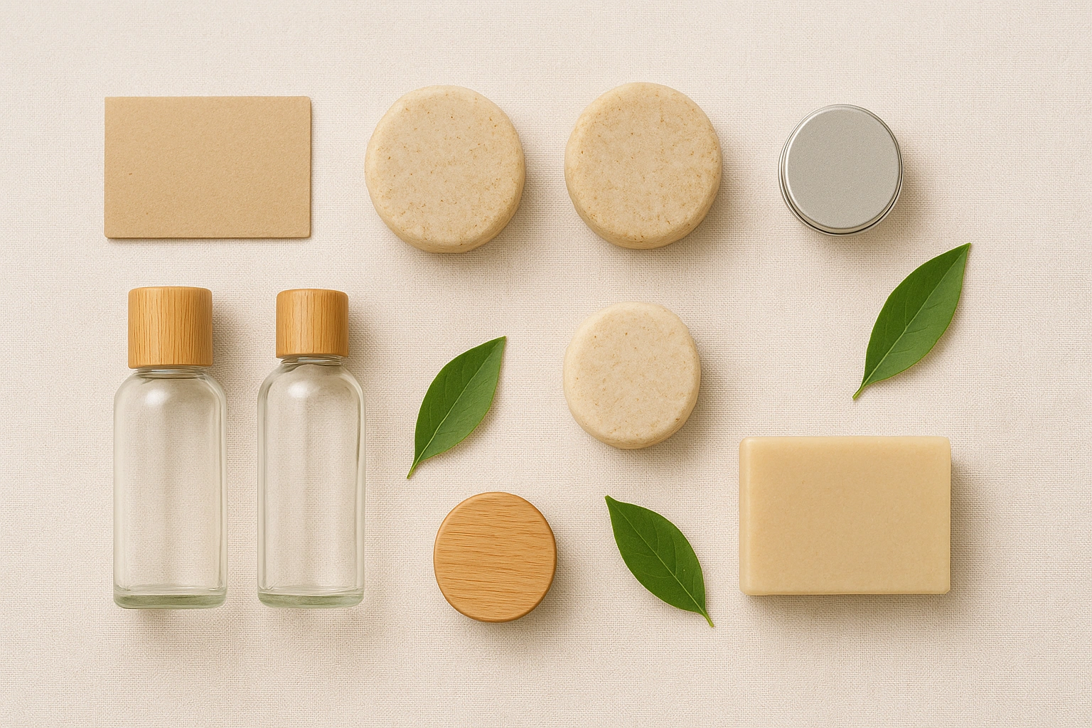 Eco-friendly beauty products including glass skincare bottles, bamboo packaging, and solid soap bars arranged with green leaves on a natural background, symbolizing sustainable beauty and conscious consumption