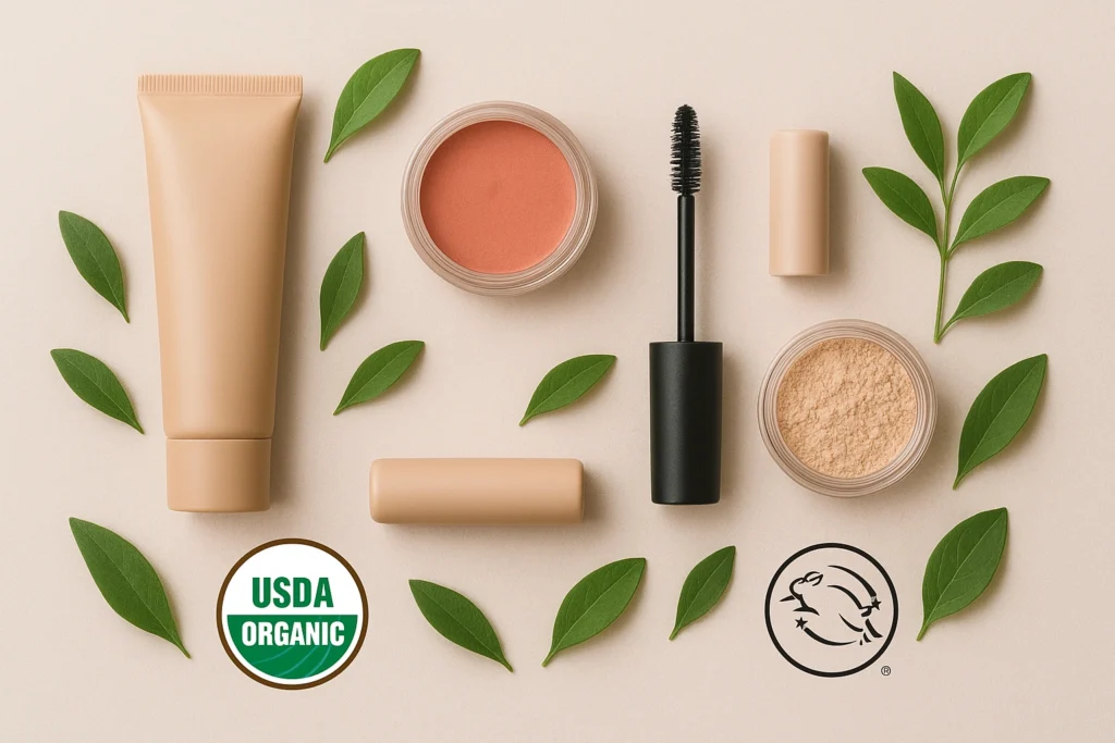Realistic 169 flat lay of an affordable eco-friendly organic makeup starter kit, featuring foundation, mascara, lip balm, cream blush, and mineral powders, arranged neatly on a neutral background with subtle g
