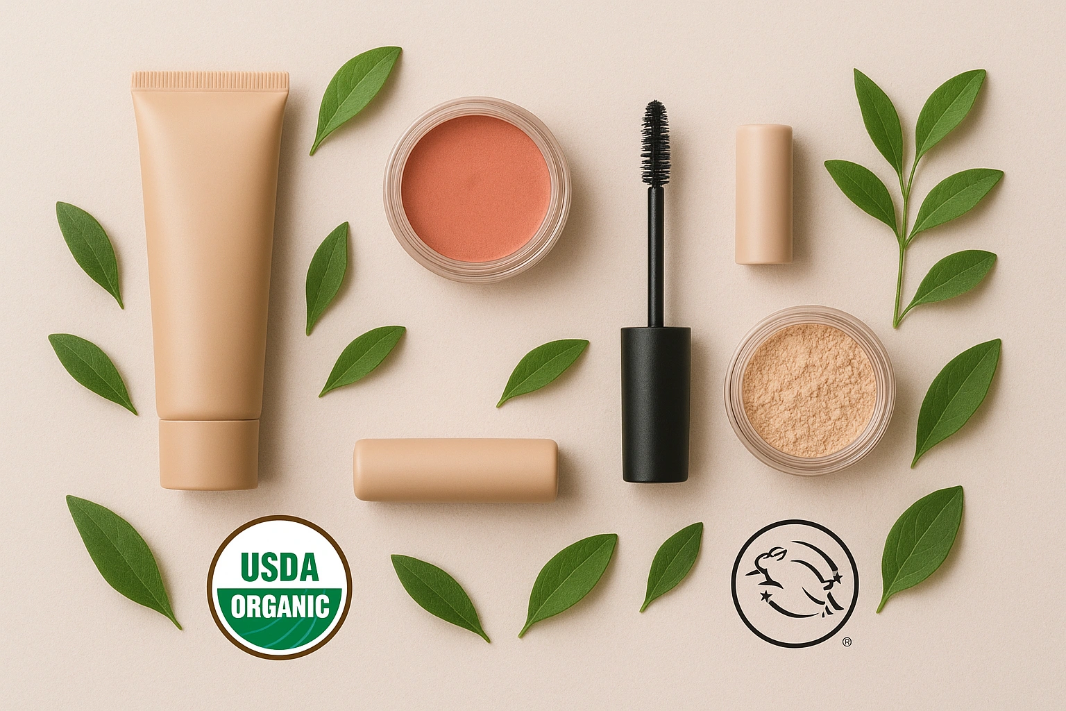 Realistic 169 flat lay of an affordable eco-friendly organic makeup starter kit, featuring foundation, mascara, lip balm, cream blush, and mineral powders, arranged neatly on a neutral background with subtle g