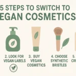 Realistic 169 infographic-style thumbnail showing the 5 beginner steps to switch to vegan cosmetics. Minimalist icons and visuals for makeup, skincare, and brushes with soft green and neutral tones. Clean, mod