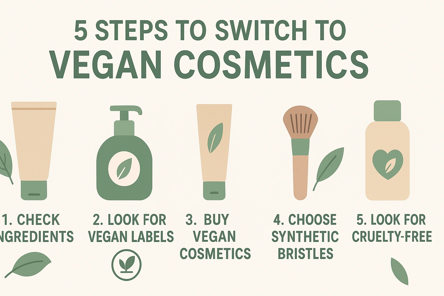 Realistic 169 infographic-style thumbnail showing the 5 beginner steps to switch to vegan cosmetics. Minimalist icons and visuals for makeup, skincare, and brushes with soft green and neutral tones. Clean, mod
