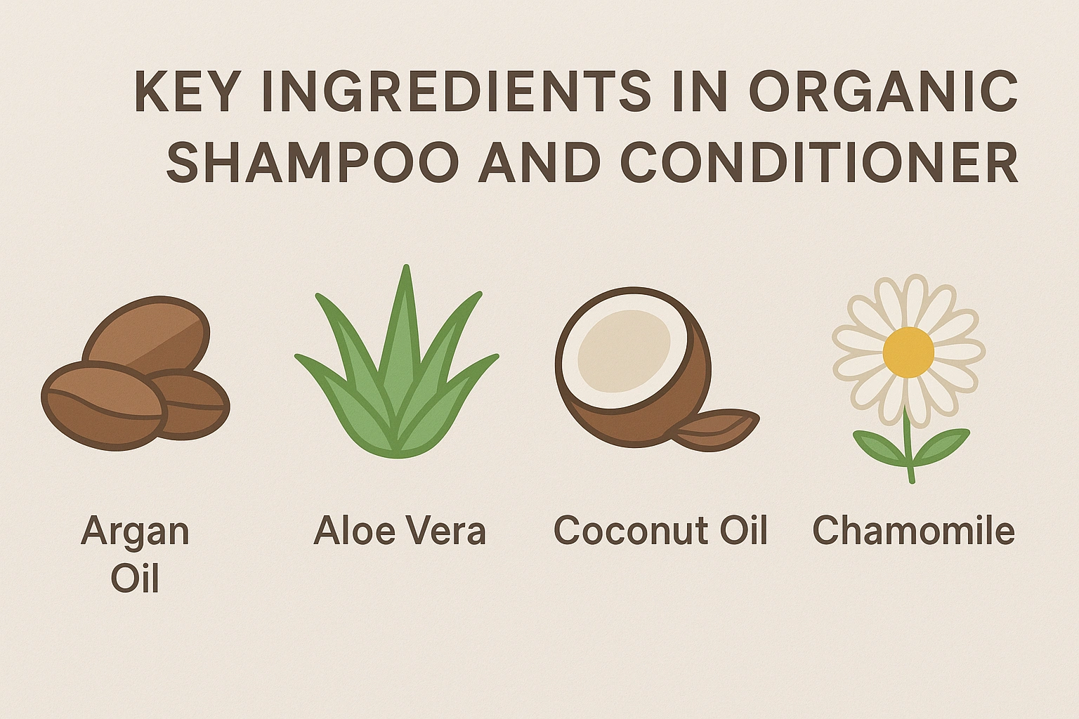 infographic-style chart displaying key ingredients in organic shampoo and conditioner, including argan oil, aloe vera, and other natural botanicals, with clear labels and a clean, minimal design