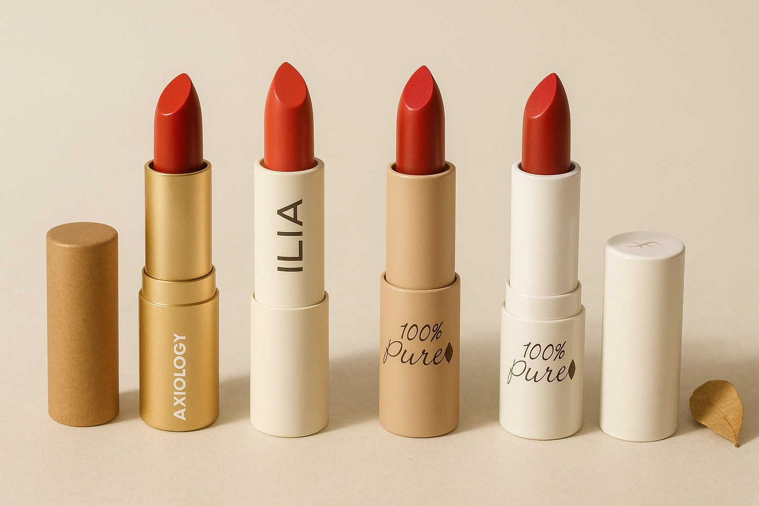 Realistic photo-style thumbnail featuring a collection of organic, non-toxic lipsticks from top brands like Axiology, ILIA Beauty, and 100% Pure, arranged neatly with vibrant shades and eco-friendly packaging,