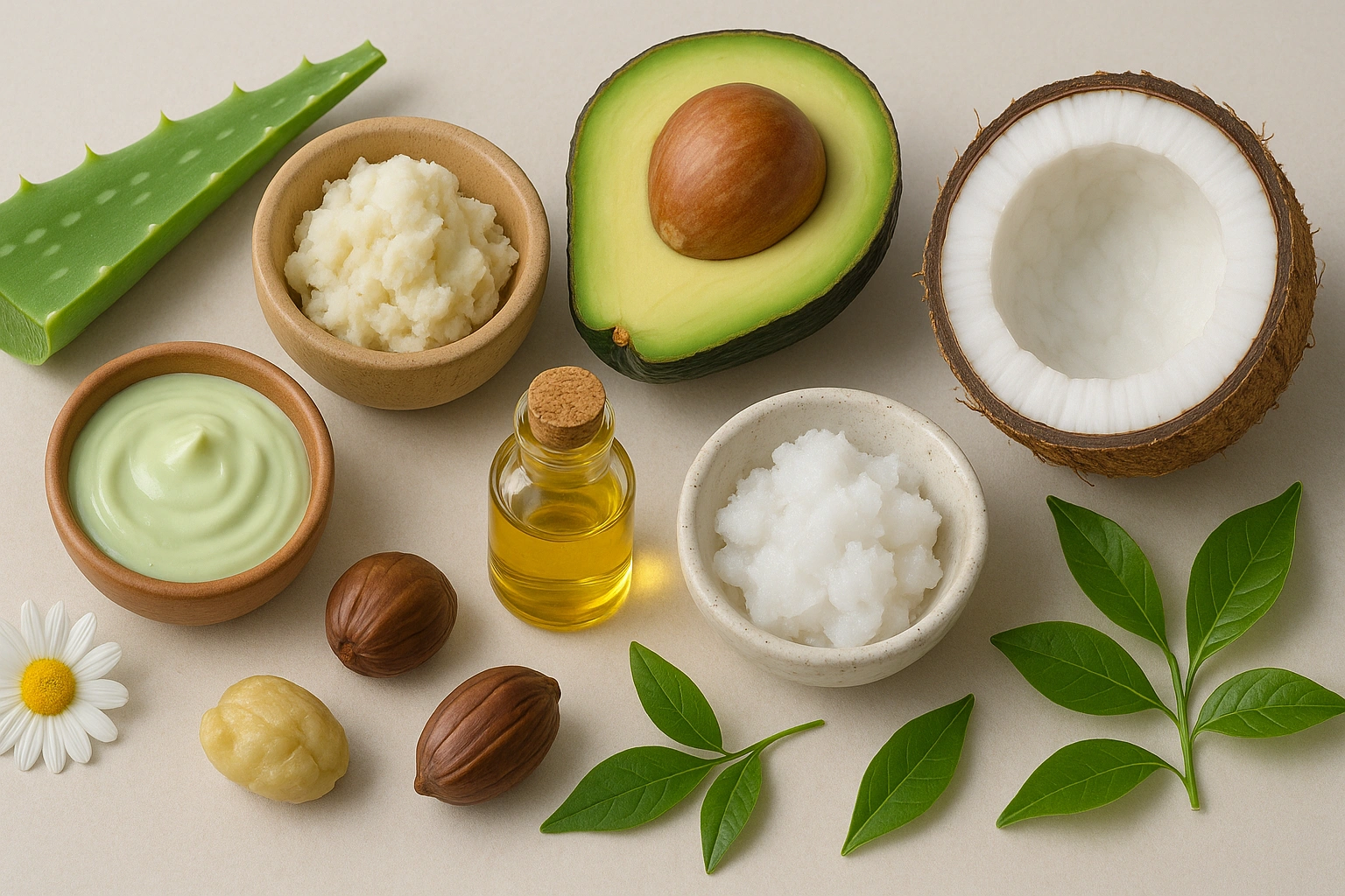 Collection of plant-based ingredients for vegan moisturizer for dry skin, including aloe vera, shea butter, avocado, jojoba oil, coconut oil, chamomile flowers, and green tea leaves, arranged on a neutral back