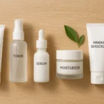 Realistic flat lay of organic skincare essentials arranged to represent a 5-step routine—cleanser, toner, serum, moisturizer, and sunscreen—styled on a clean wooden background with fresh green leaves, symboliz