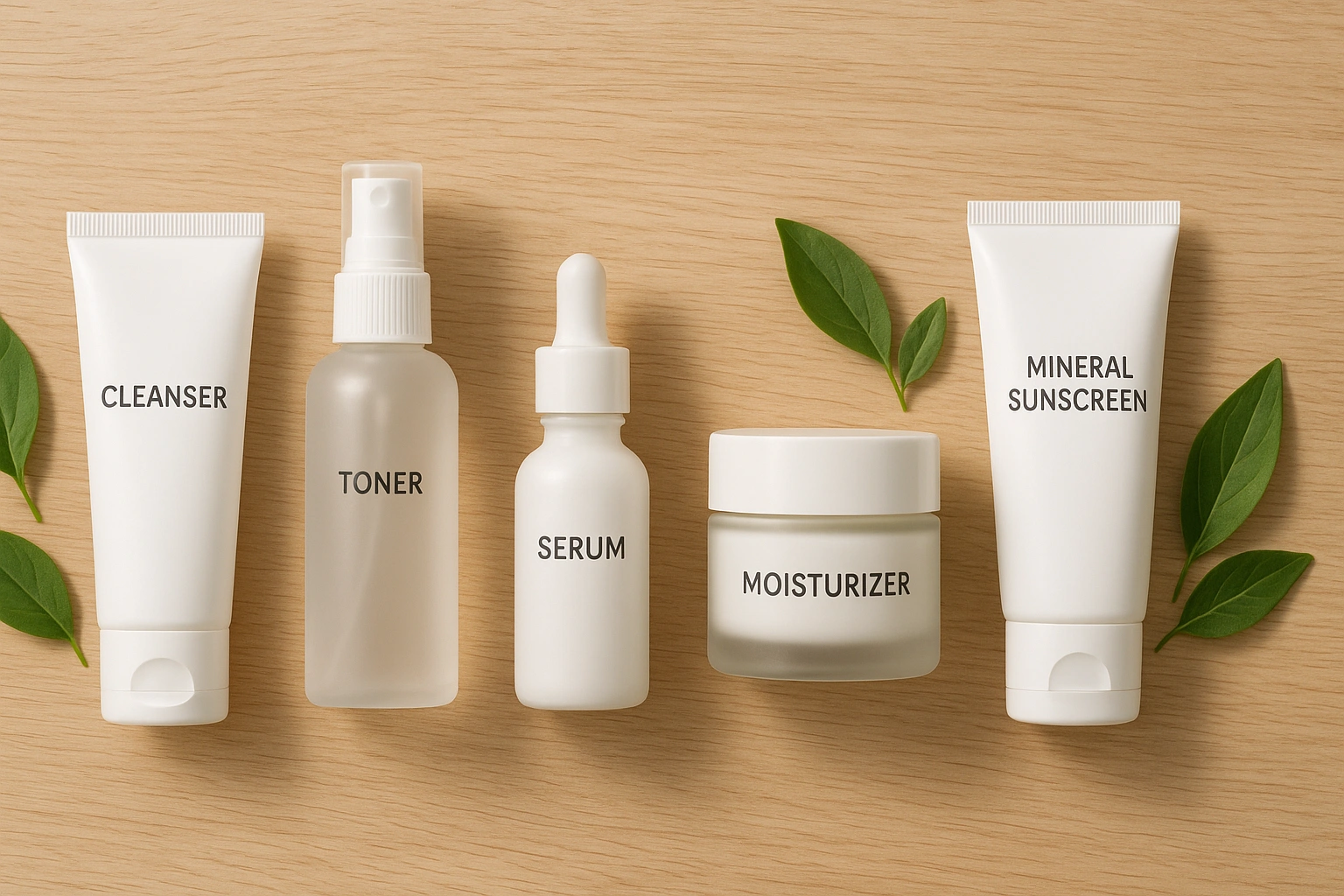 Realistic flat lay of organic skincare essentials arranged to represent a 5-step routine—cleanser, toner, serum, moisturizer, and sunscreen—styled on a clean wooden background with fresh green leaves, symboliz