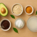 Realistic vibrant flat lay in 169 of DIY vegan beauty hack ingredients such as avocado, oats, turmeric, coffee grounds, coconut oil, and rice water, styled in bowls and jars on a wooden surface with fresh gree