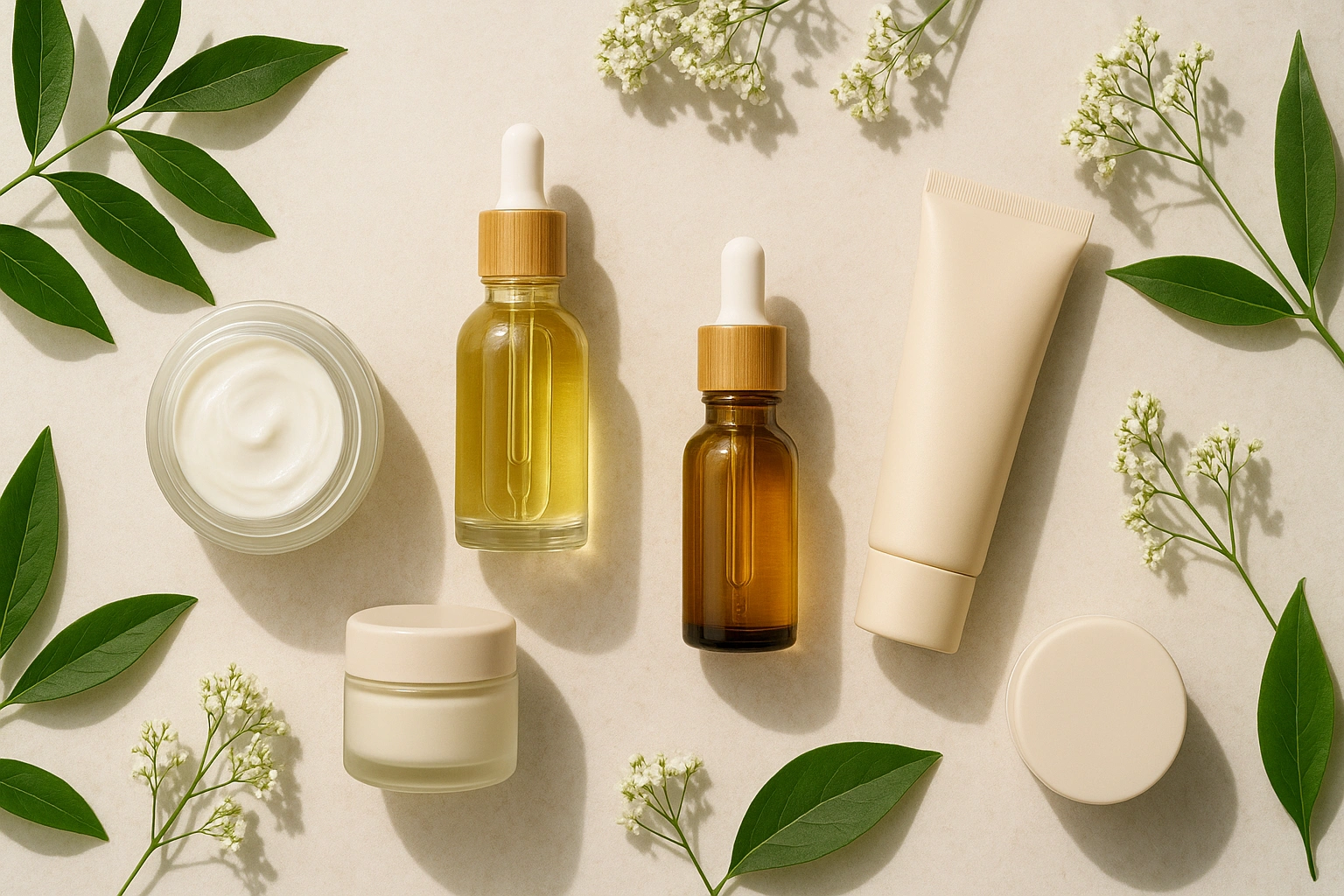 Realistic 169 luxurious display of vegan anti-aging serums and creams in elegant glass bottles and jars, arranged on a clean surface with fresh botanicals and green leaves, highlighting natural skincare and pl