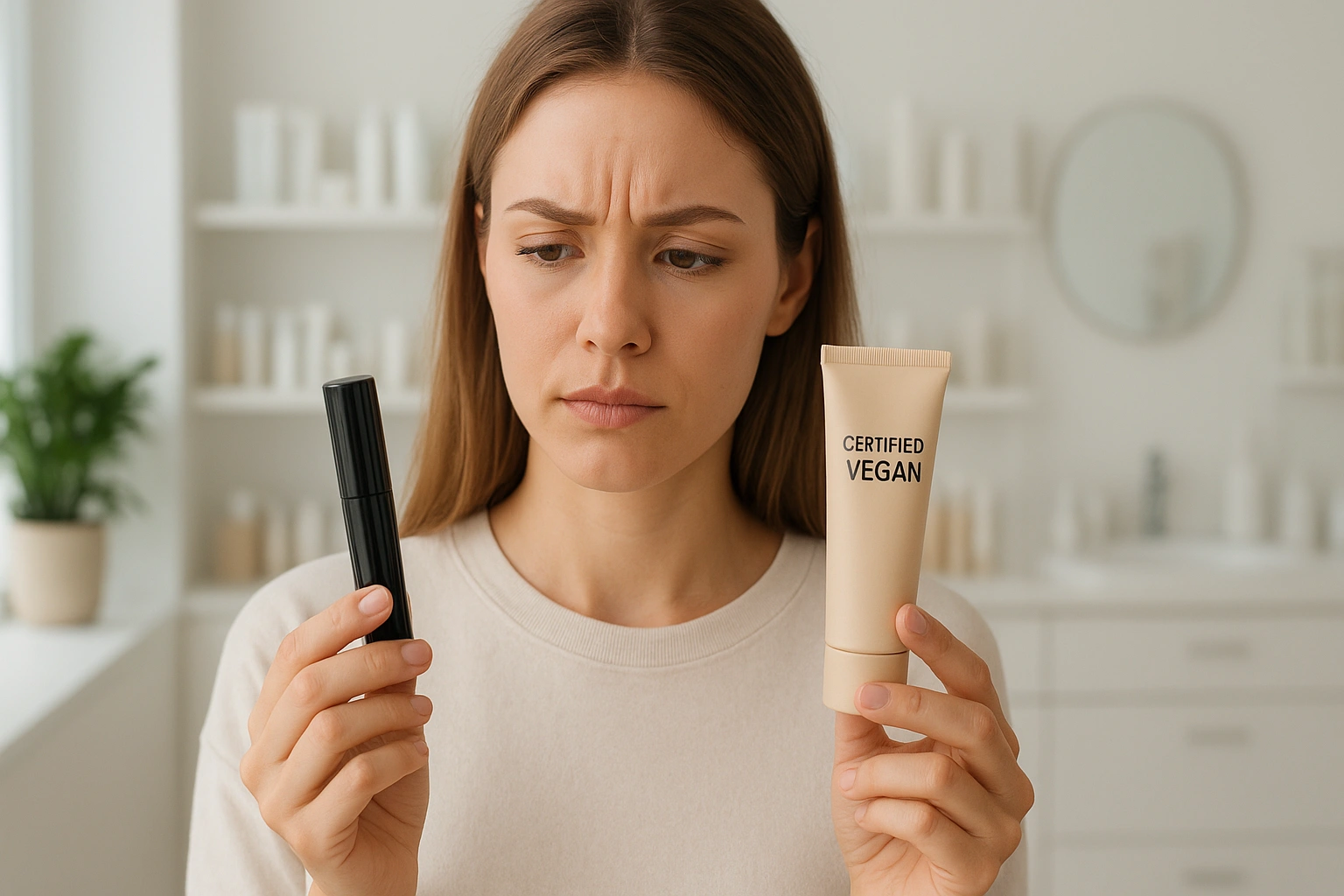 Realistic 169 scene of a person thoughtfully comparing a conventional makeup product with a certified vegan cosmetic, highlighting the choice between traditional beauty and ethical, plant-based alternatives.