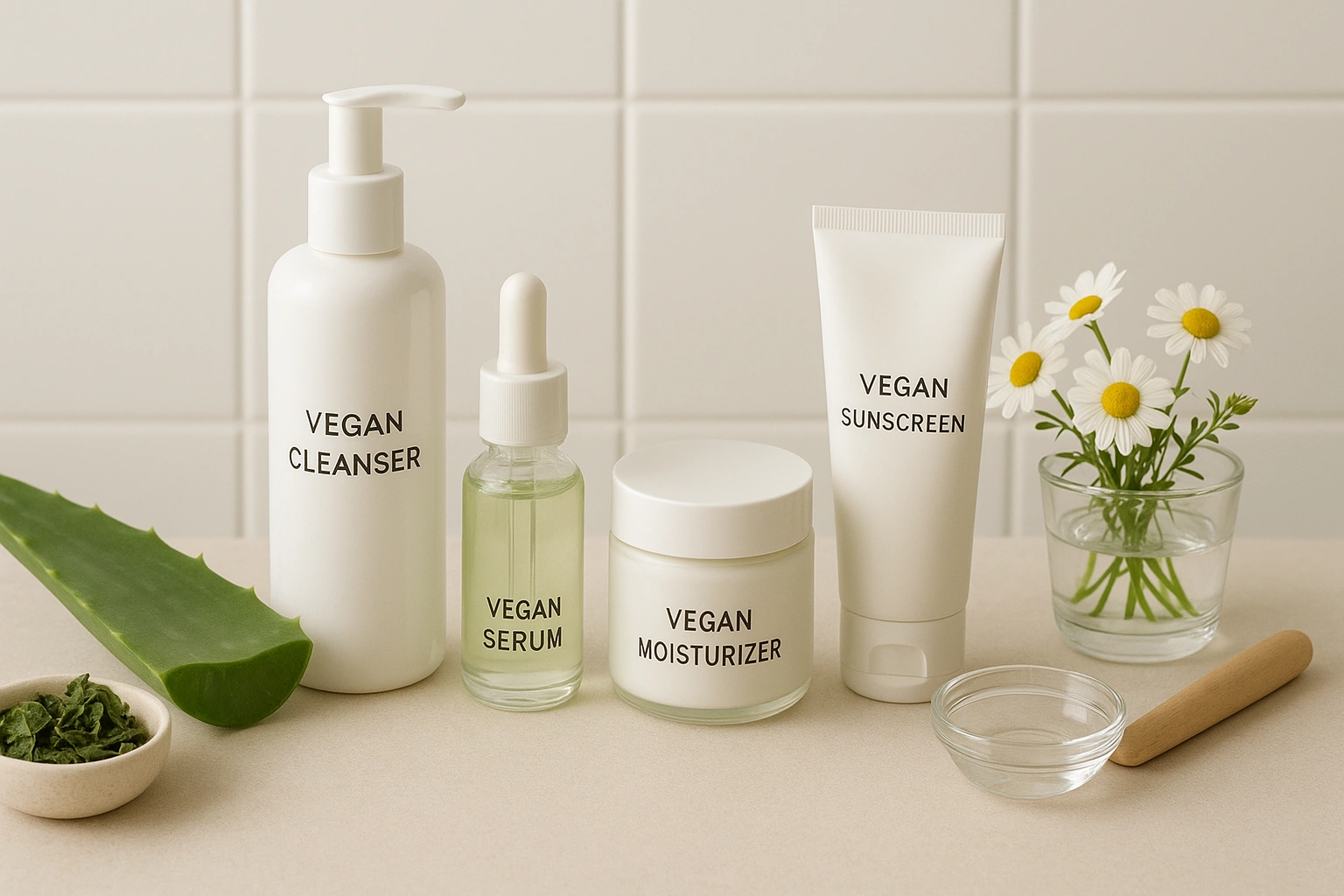A process flow diagram showing the steps of a daily vegan skincare routine cleanse, tone, apply serum, moisturize, and use sunscreen, with clean icons and soft pastel colors