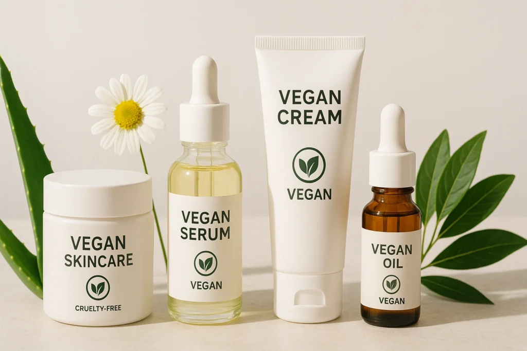 Realistic photo-style thumbnail showing a variety of vegan skincare products with plant-based ingredients, including creams, oils, and serums, alongside certification logos for vegan and cruelty-free. The comp