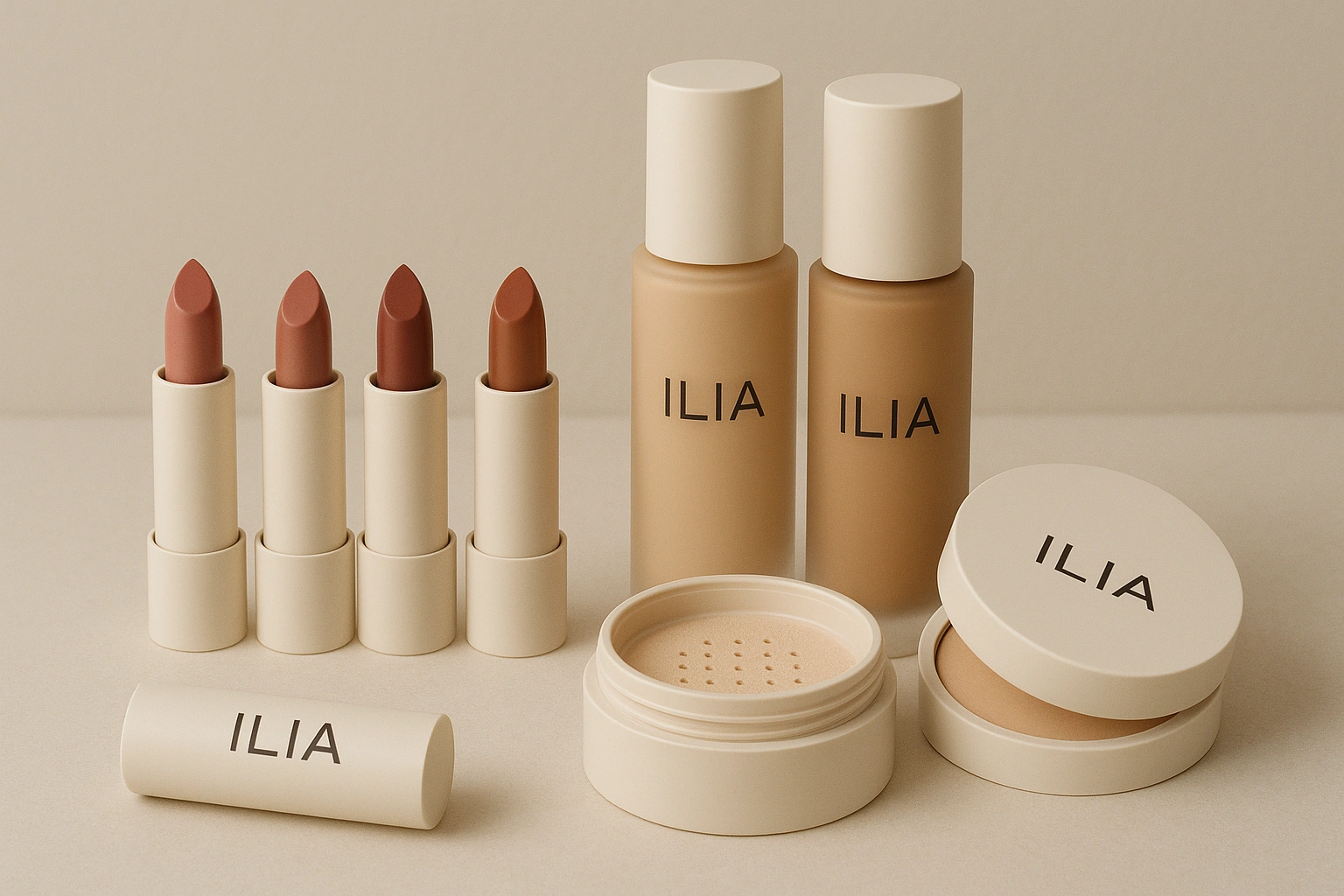 Realistic photo-style image of a collection of ILIA Beauty's organic makeup products, highlighting their skin-centric and natural formulations.