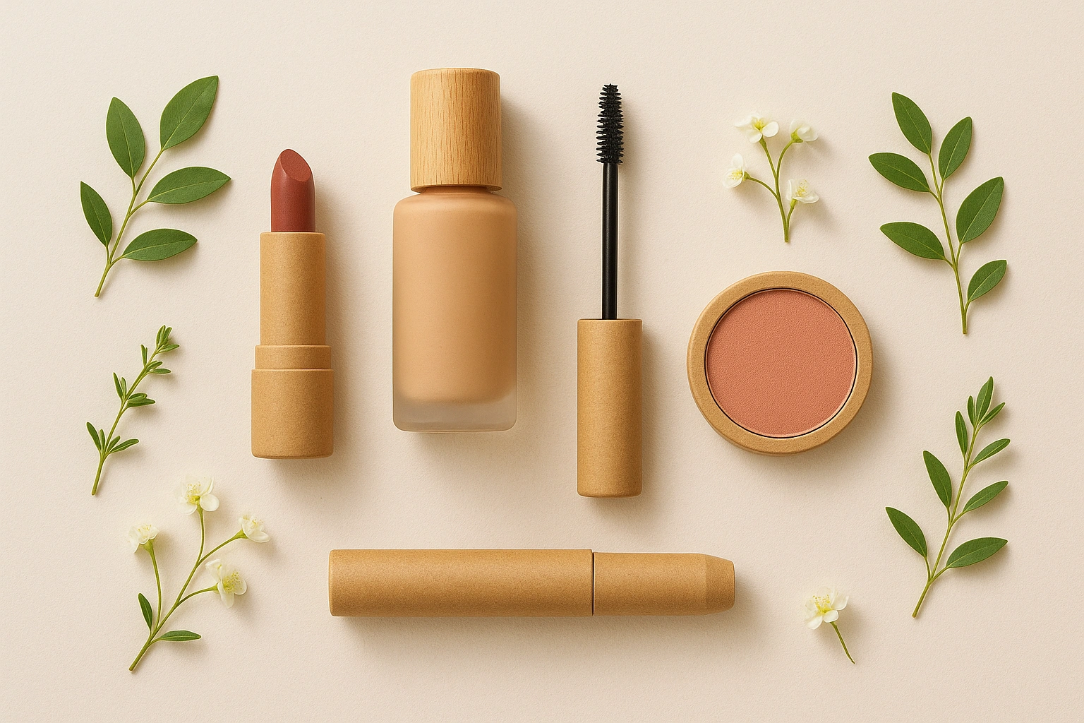Realistic 169 flat lay of a collection of affordable organic makeup products arranged as an eco-friendly starter kit, including foundation, lipstick, mascara, and blush, on a clean background with natural leav