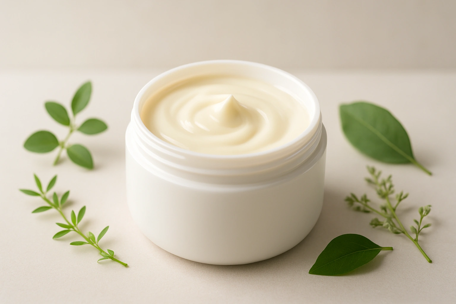 A realistic 169 image of Briogeo's 'Don't Despair, Repair!' vegan hair mask, showing the jar open with the creamy product visible, surrounded by subtle natural elements.
