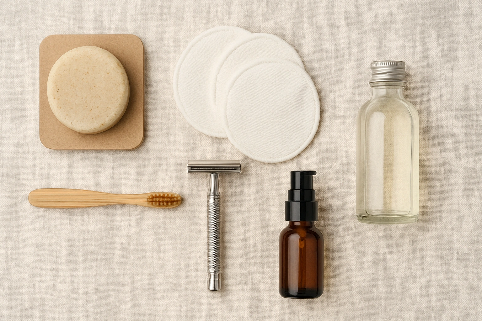 Visual guide for building a sustainable beauty routine in 5 steps, featuring eco-friendly items like reusable cotton rounds, solid shampoo bar, bamboo toothbrush, glass skincare bottles, and minimalist packagi
