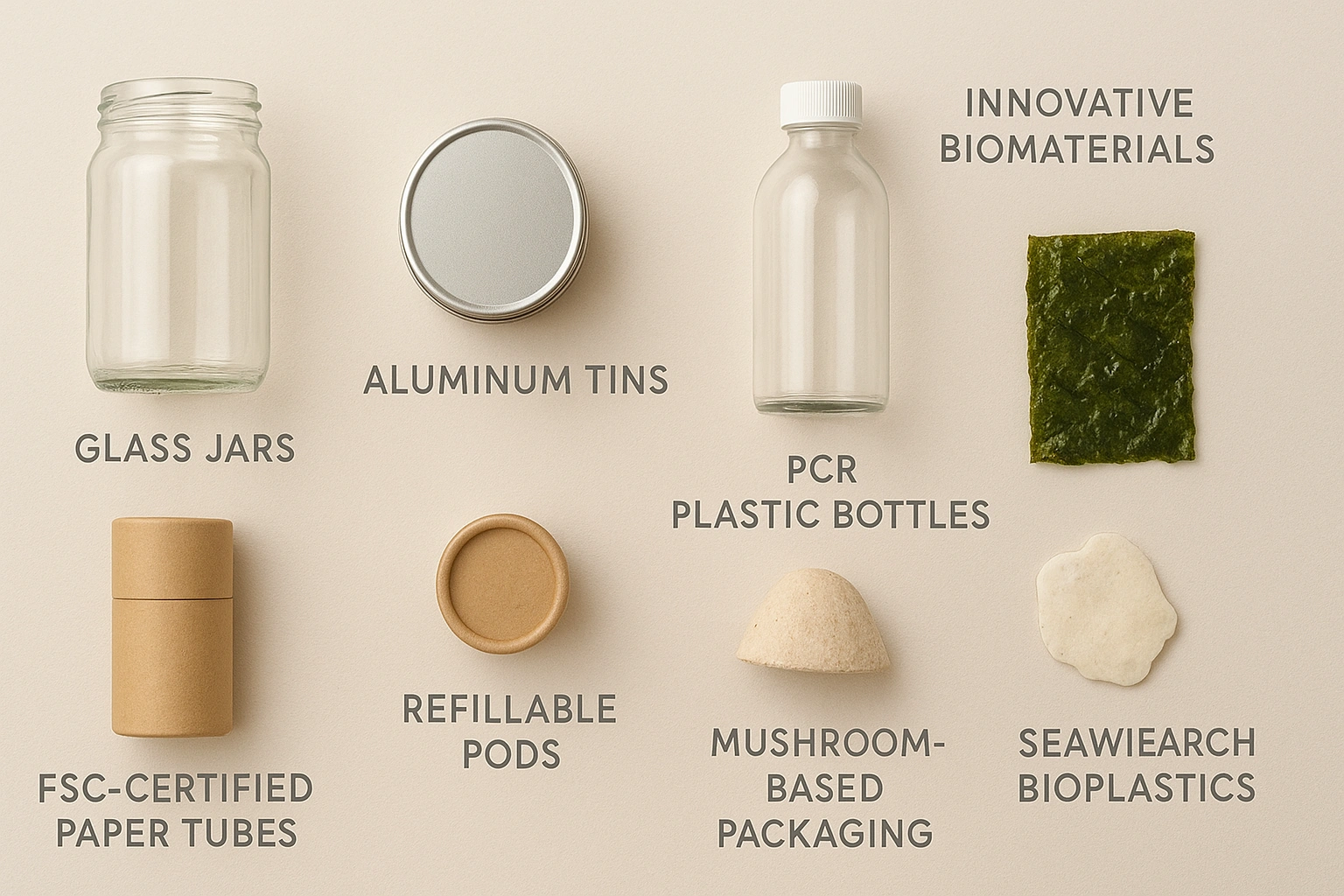 A visual breakdown of sustainable beauty packaging materials including glass jars, aluminum tins, PCR plastic bottles, paper tubes, refillable pods, and innovative biomaterials like mushroom and seaweed packag