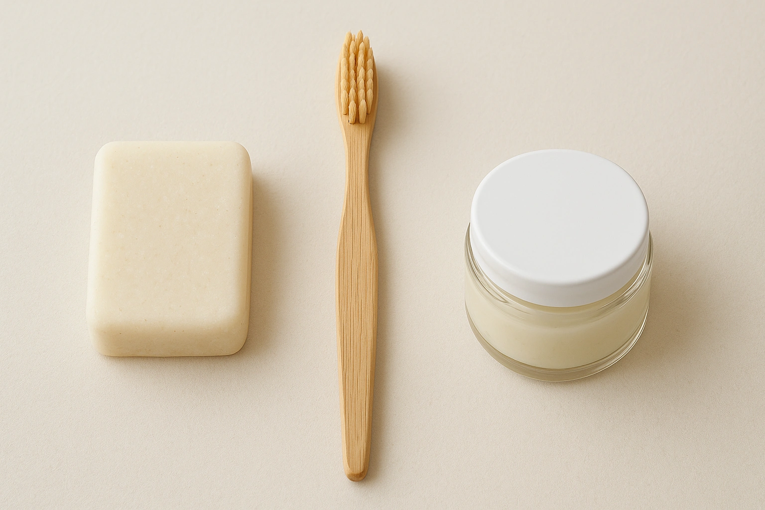 Realistic photo of budget-friendly sustainable beauty items including a shampoo bar, bamboo toothbrush, and a simple glass jar of cream arranged neatly on a neutral background, highlighting eco-friendly daily 