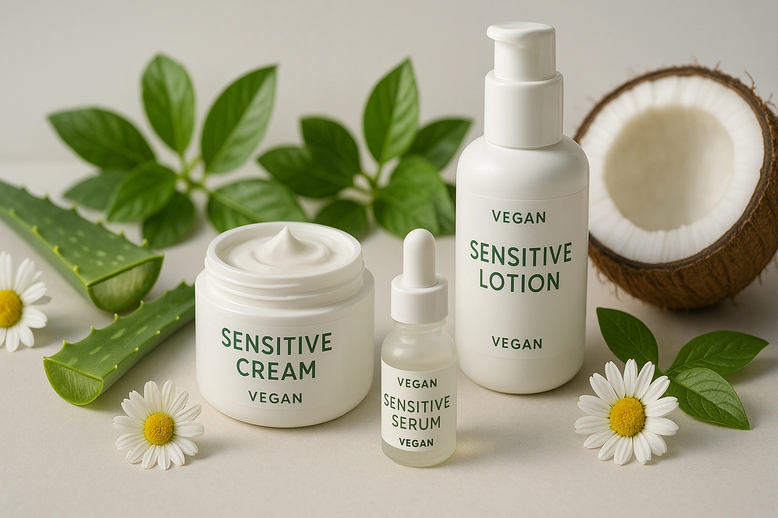 Realistic arrangement of vegan skincare products for sensitive skin surrounded by natural ingredients including aloe vera, chamomile flowers, green leaves, and coconut, conveying a fresh and calming wellness v