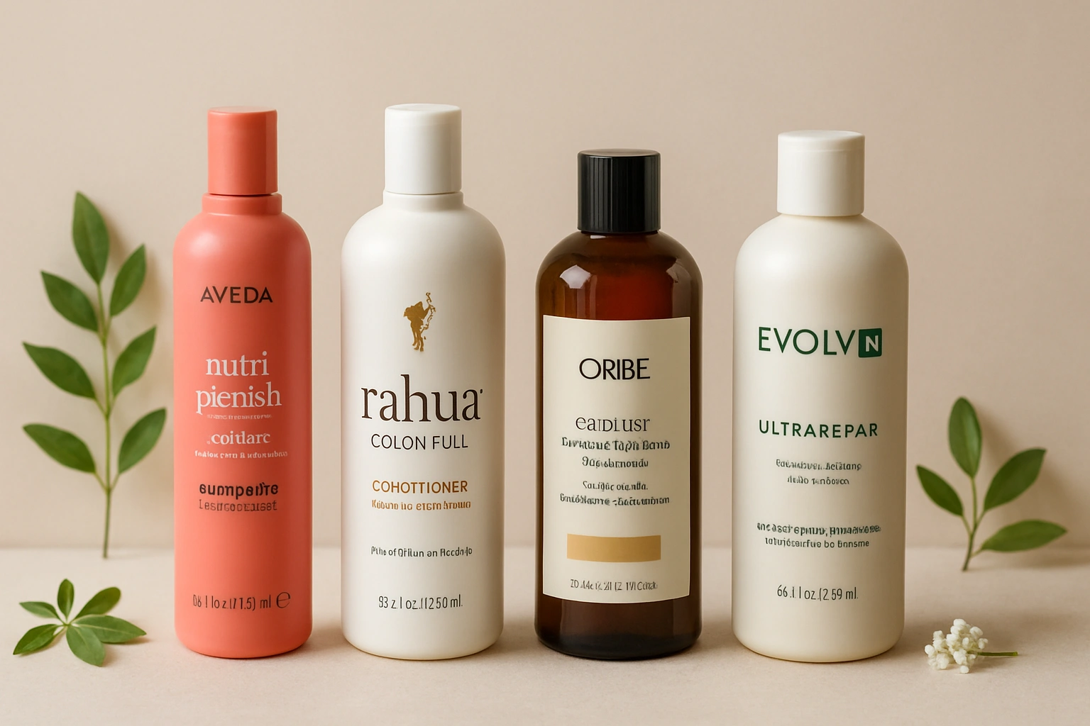 flat lay of a collection of stylishly designed bottles from top vegan hair care brands, featuring shampoos, conditioners, and hair treatments arranged neatly on a clean, neutral background with subtle natural