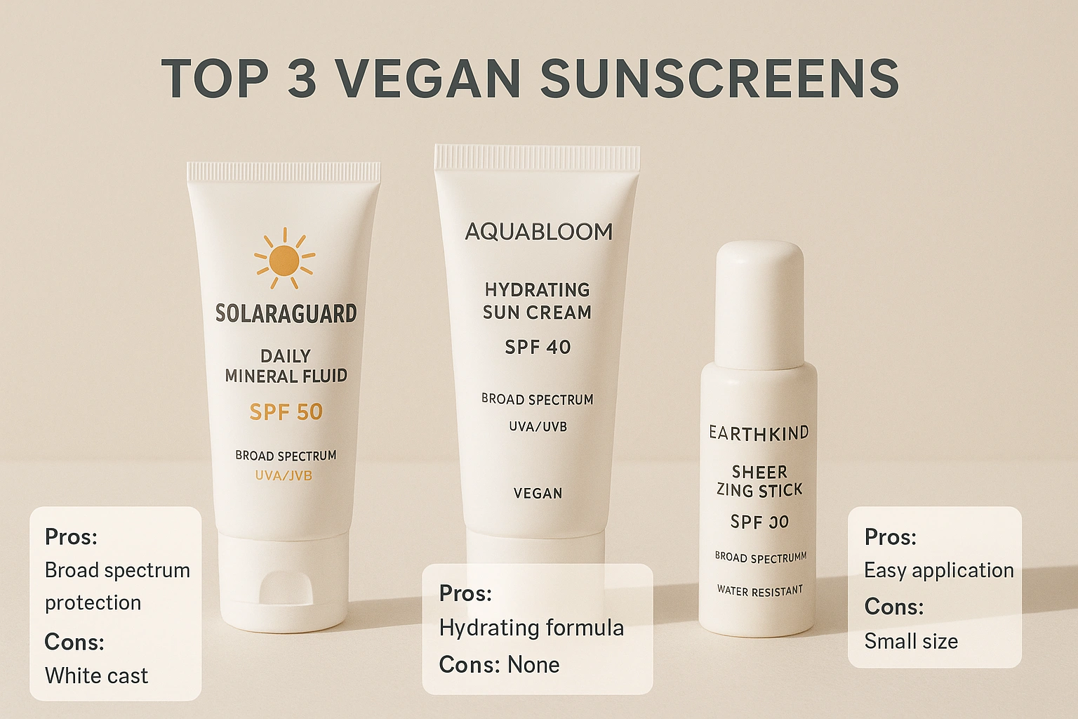 Ilustrasi realistis bergaya foto menampilkan tiga tabir surya vegan terbaik, termasuk SolaraGuard Daily Mineral Fluid SPF 50, AquaBloom Hydrating Sun Cream SPF 40, dan EarthKind Sheer Zinc Stick SPF 30, dengan