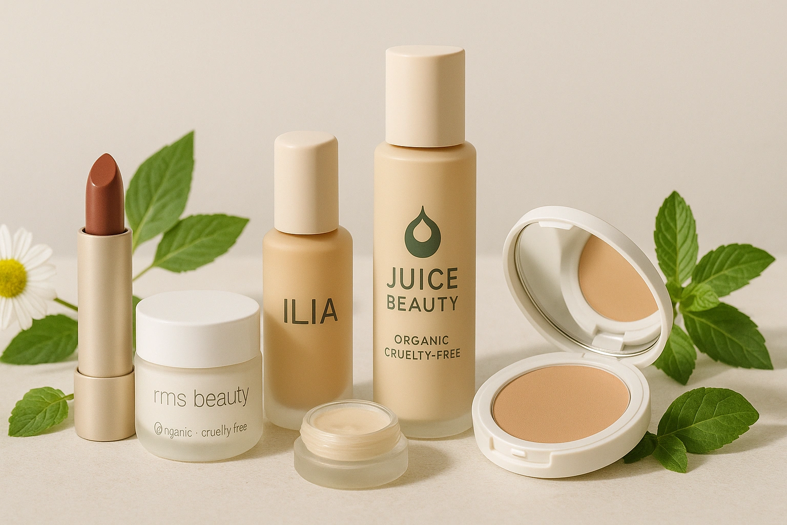 Realistic photo-style thumbnail showing a curated collection of organic makeup products from top brands like ILIA Beauty, RMS Beauty, and Juice Beauty, arranged aesthetically with plant-based ingredients and c
