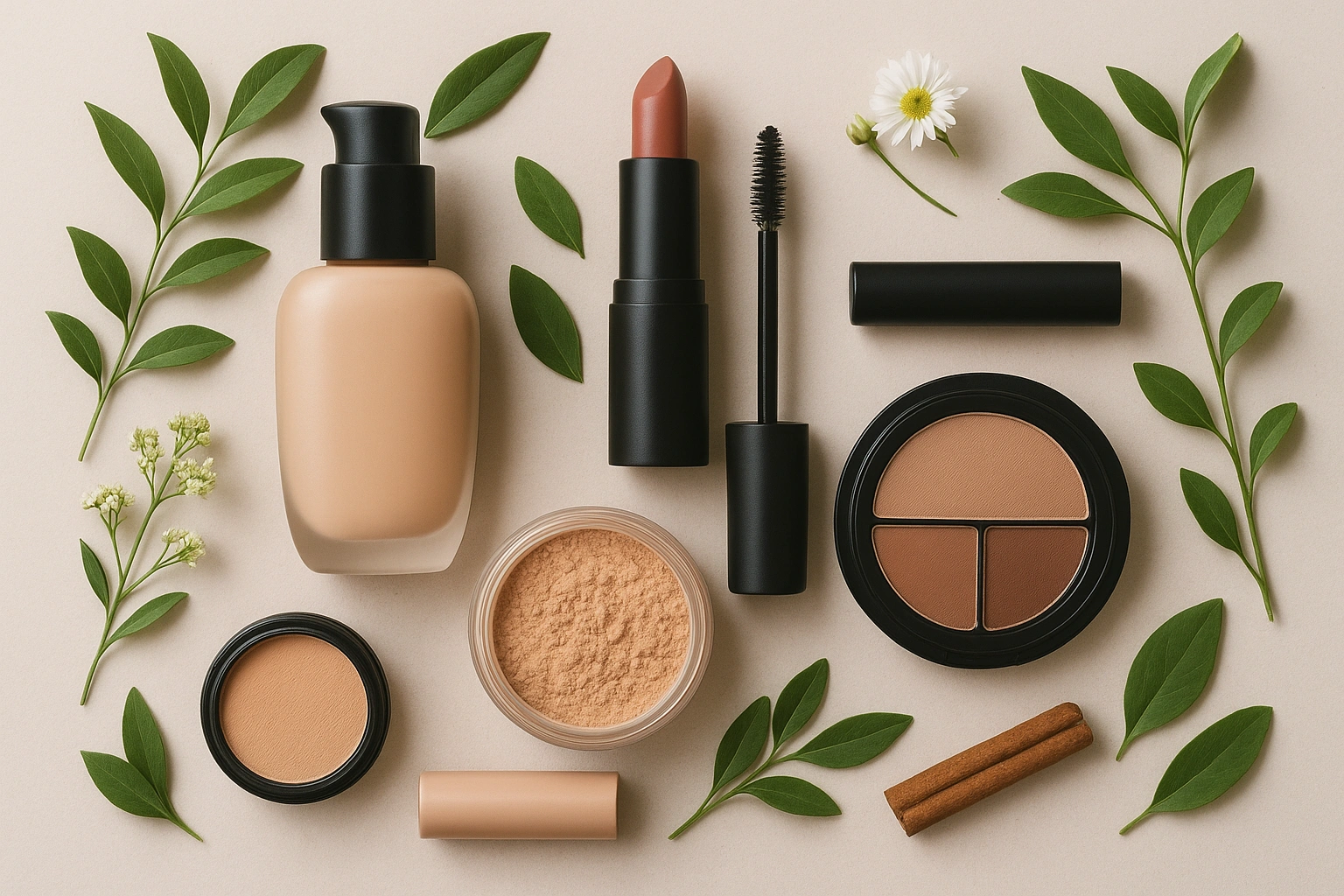 Realistic 169 flat lay of a variety of organic makeup products, including foundation, lipstick, and mascara, surrounded by fresh green leaves and botanicals, illustrating the benefits of switching to clean, no
