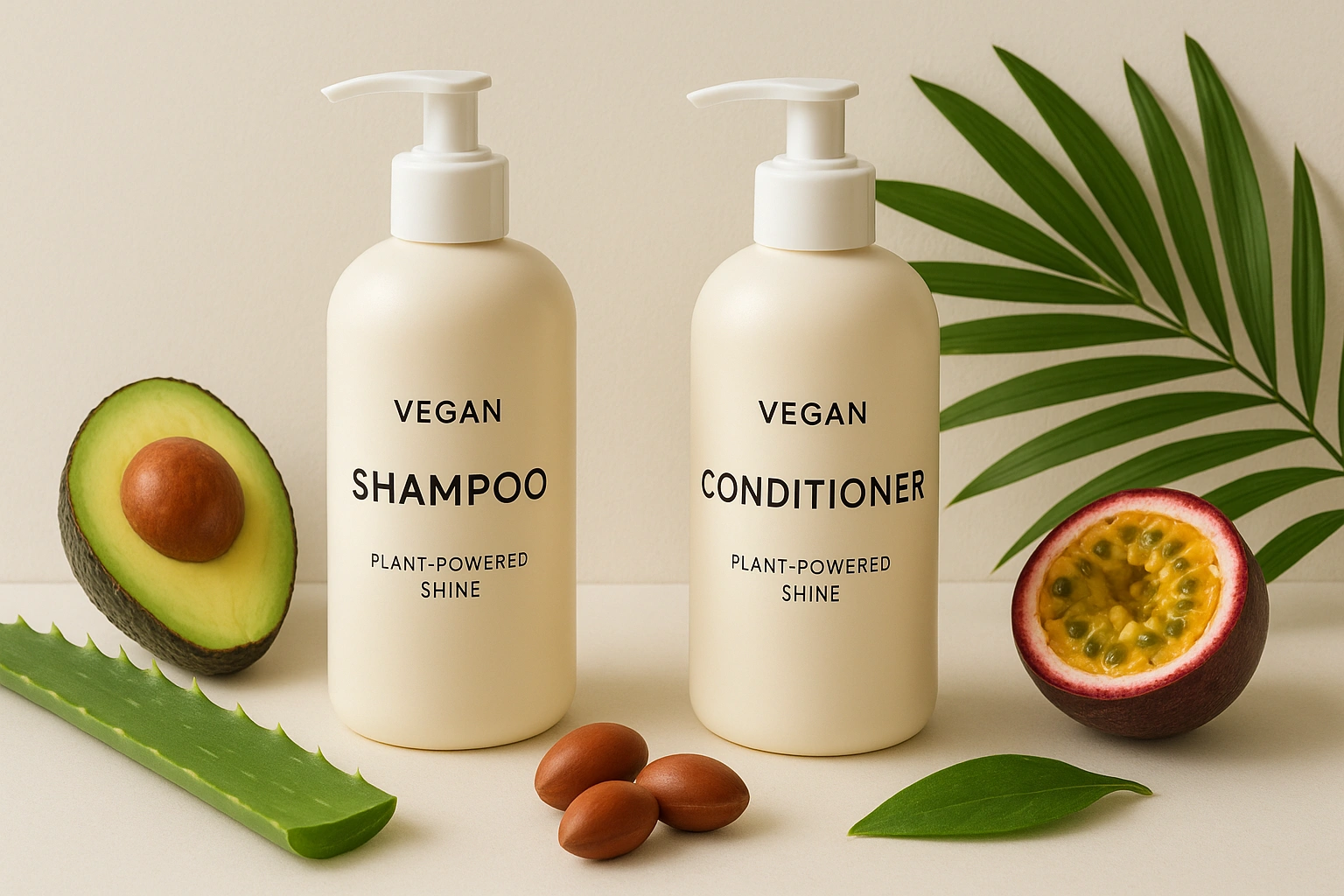 flat lay of vegan hair care products, including bottles of shampoo and conditioner from top brands, surrounded by natural ingredients like argan nuts, aloe vera leaves, and tropical fruits, highlighting plant-