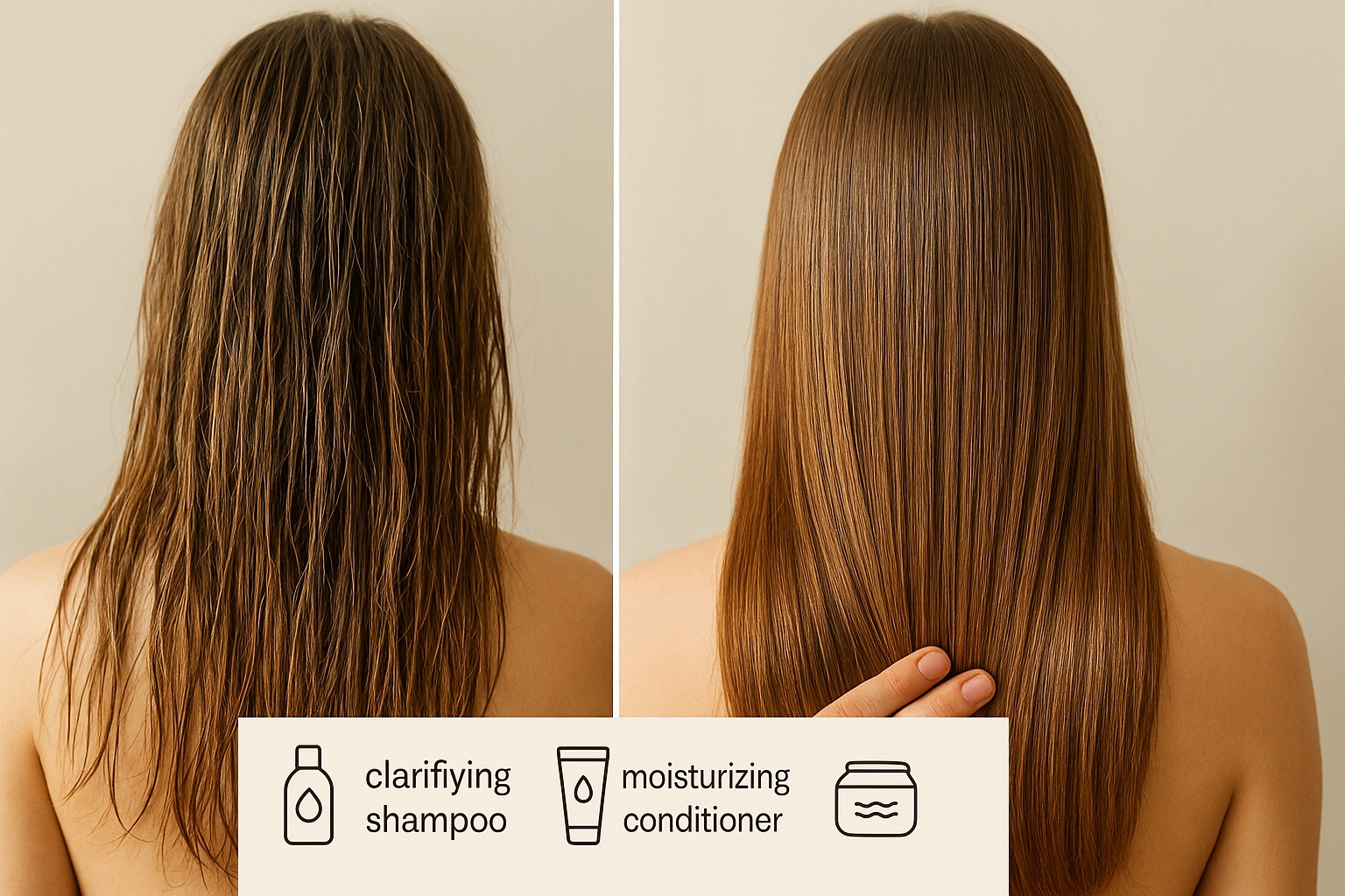 illustration showing the transition to organic hair care on one side, hair appears greasy and coated with product buildup, and on the other, hair looks healthy, shiny, and smooth after using vegan hair care pr