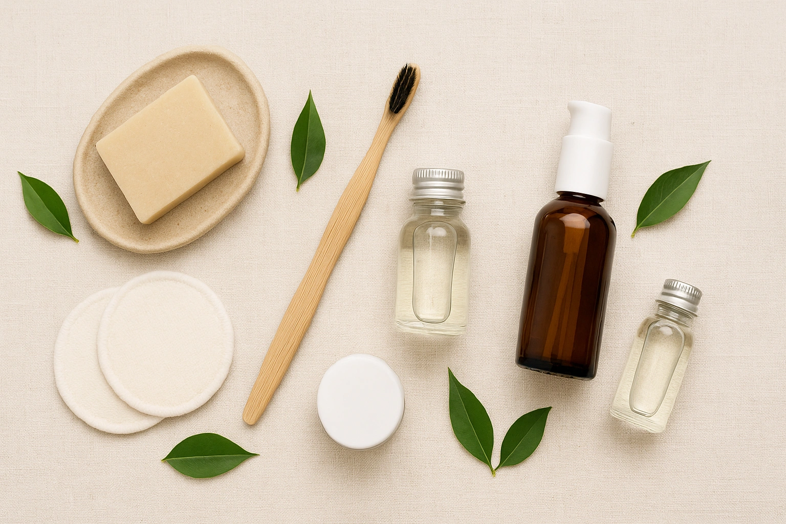 Thumbnail for article about building a sustainable beauty routine, featuring eco-friendly beauty products like a shampoo bar, bamboo toothbrush, reusable cotton rounds, and glass skincare bottles, styled with