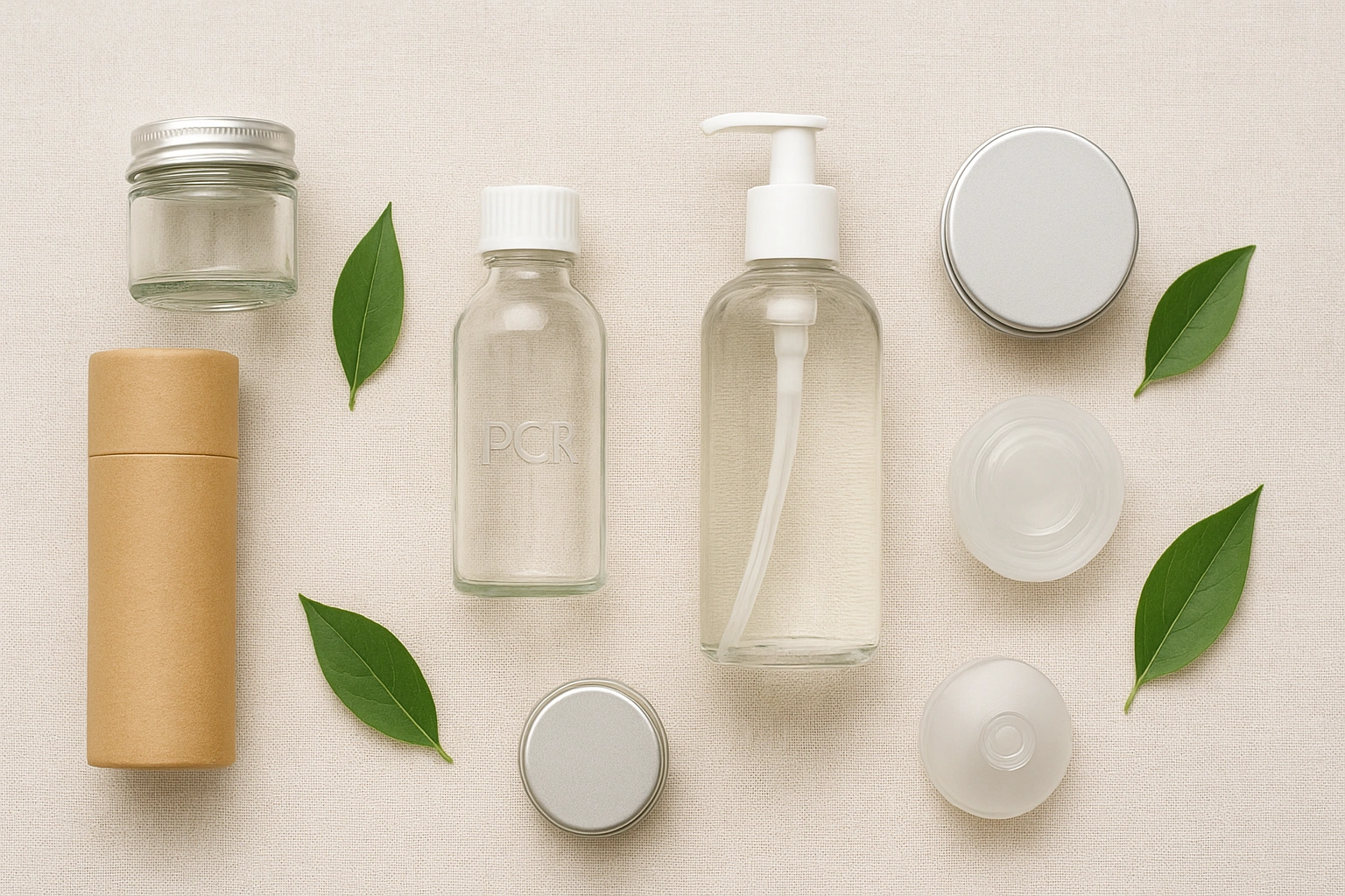 Thumbnail image featuring eco-friendly beauty packaging such as glass jars, aluminum tins, paper-based tubes, and refillable containers, styled on a natural background with green leaves to symbolize sustainabi