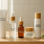 thumbnail showing a minimalist bathroom counter in natural sunlight with vegan skincare products neatly arranged to represent a 5-step morning routine: cleanser, toner, serum, moisturizer, and sunscreen. Fresh, clean, and eco-friendly aesthetic with glass bottles, bamboo accents, and green leaves for a natural touch.