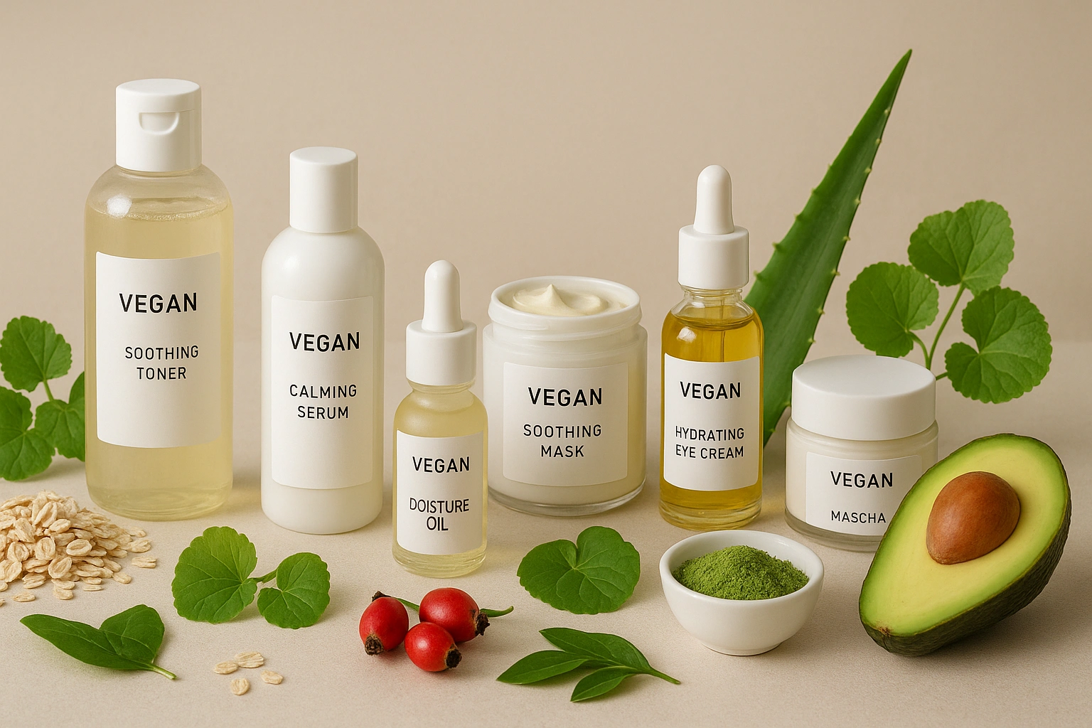 Vegan skincare products for sensitive skin, including cleansers, toners, serums, moisturizers, oils, masks, and eye creams, arranged on a neutral background with natural ingredients like oats, chamomile, aloe